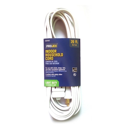 Projex SPT-2 Extension Cord, 16 AWG, Indoor, 16/2, 3 Outlets, White, PVC, 20 ft IN162PT220WHP